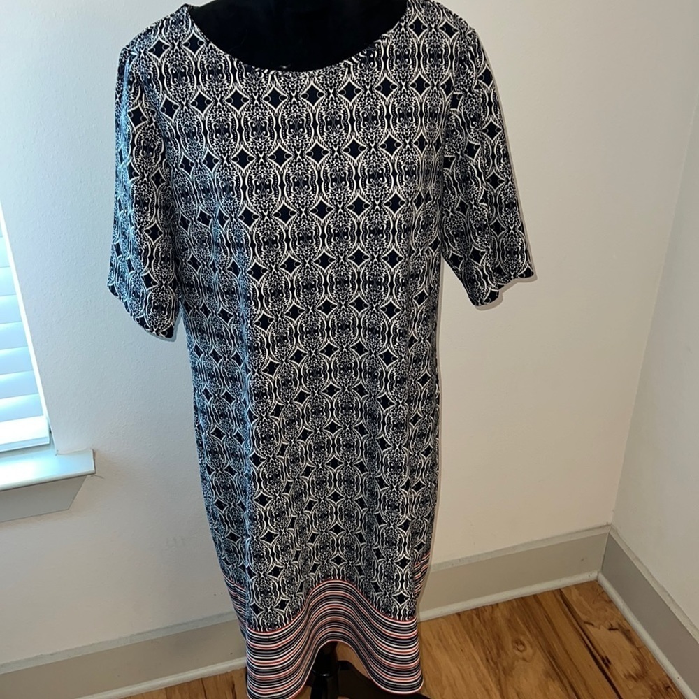ILE New York short sleeves shift print‎ dress Sz 16 white ivory geometric